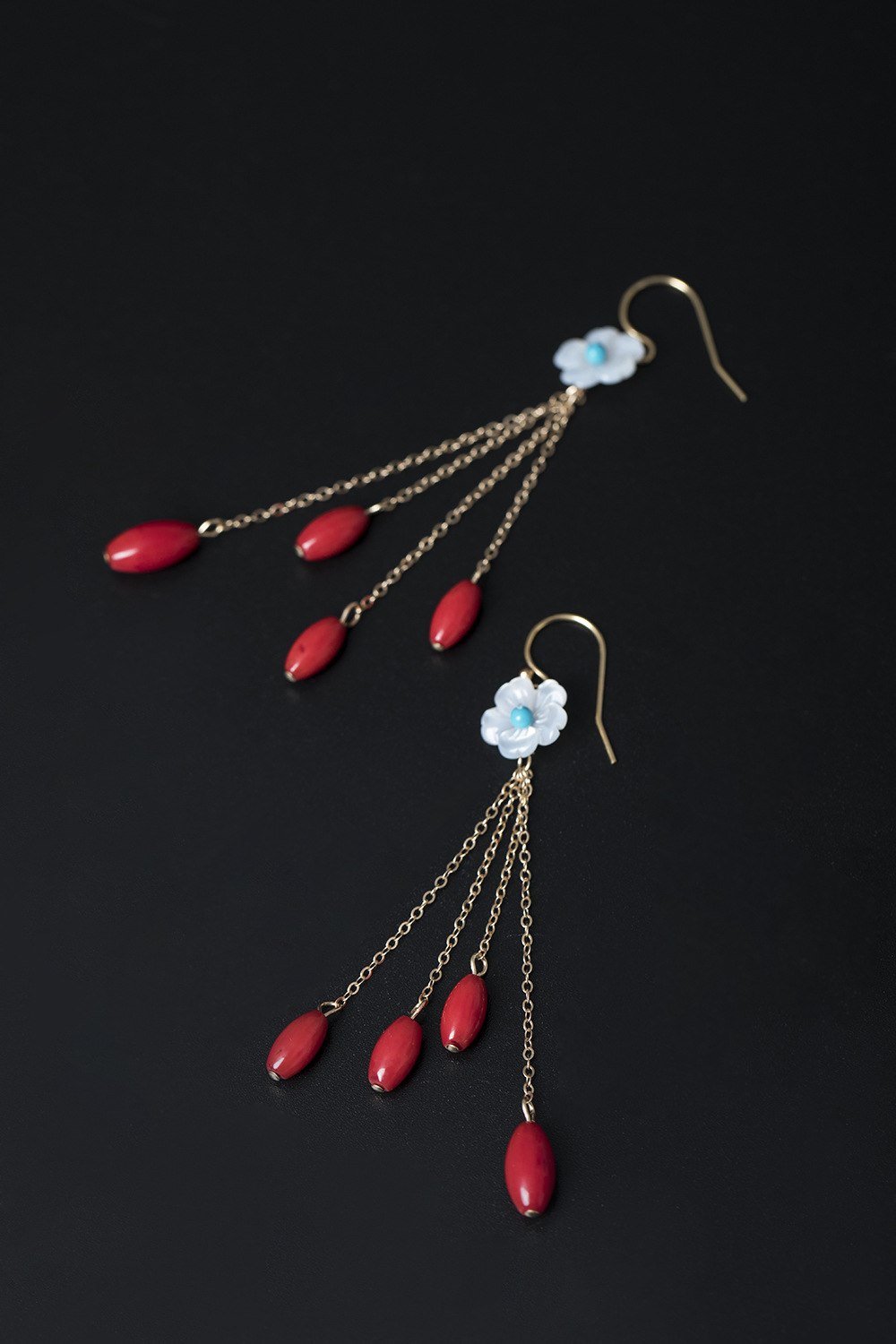 Real 925 Sterling Silver Women Nature Shell Flower Earrings Exotic Bohemian Red Beads Earrings Turquoise Brincos Bijoux