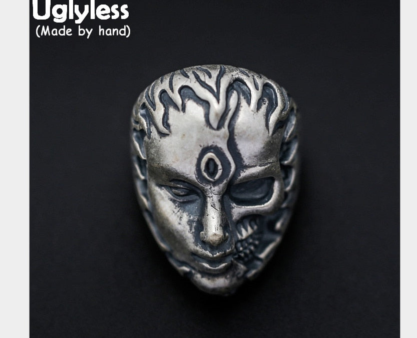 Real 925 Sterling Silver half Buddha half Demon In one Moment Men Finger Rings Exaggerated Figure Ring Buddhism Jewelry