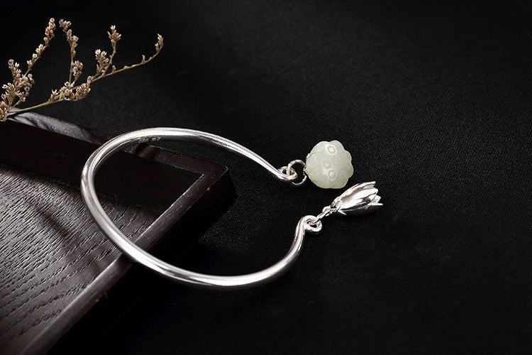 Real 990 Fine Silver Bangles for Women Lovely Lotus Charms Bangle Luxury Natural White Jade Jewelry Ethnic Open Bijoux