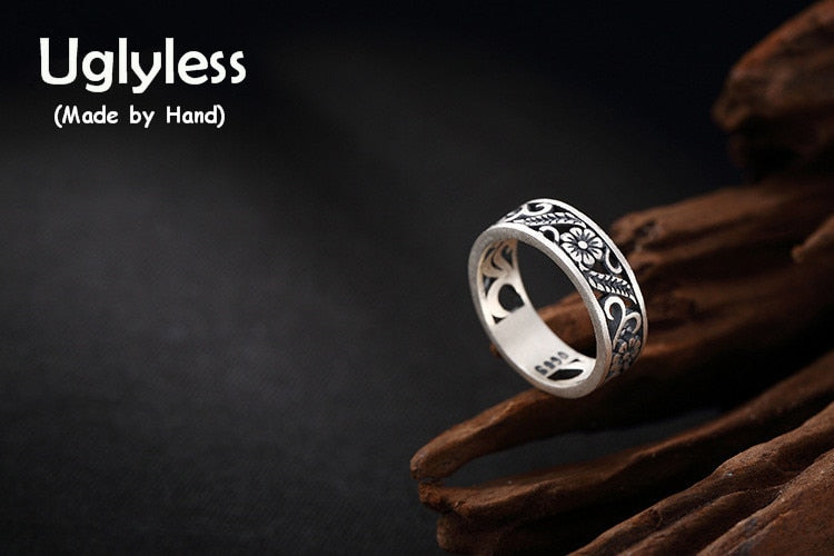 Real 990 Fine Silver Handmade Jewelry Engraved Vintage Hollow Women Open Finger Rings Romantic Plum Flower Ring Bijoux