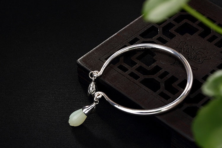 Real 990 Fine Silver Jewelry Vintage Ethnic Charms Bangles for Women Luxury Natural Jade Magnolia Bangle Tassel Bijoux