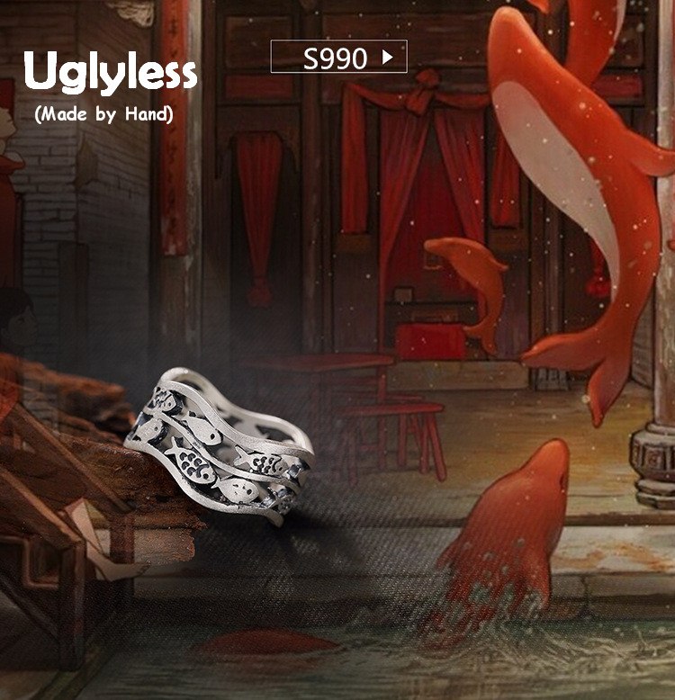 Real 990 Fine Silver Women Dress Jewelry Vintage Ethnic Hollow Wide Finger Ring Cute Totem Fishes Rings Handmade Bijoux