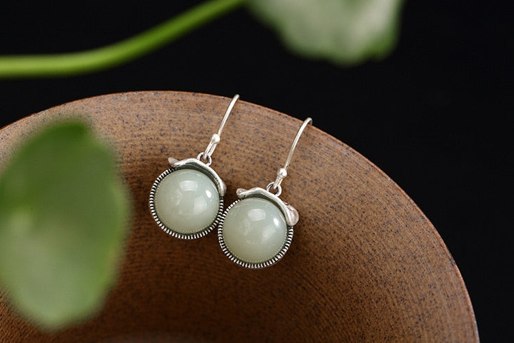 Real 990 Fine Silver Women Vintage Jewelry Handmade Leaf Dangle Earrings Natural White Jade Ball Brincos Hollow Bijoux