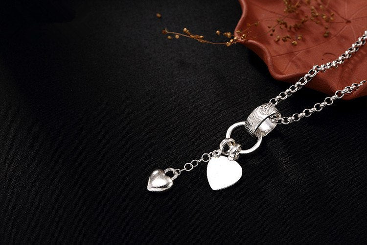 Real 999 Fine Silver Women Sweet Heart-shape Pendants without Chains Handmade Carved Plum Flower Jewelry Vintage Bijoux