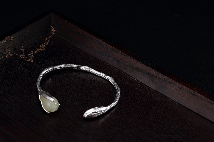 Real S 925 Sterling Silver Bangle Elegant Ladies White Hetian Jade Bangles Handmade Fine Jewelry Magnolia Flower Bijoux