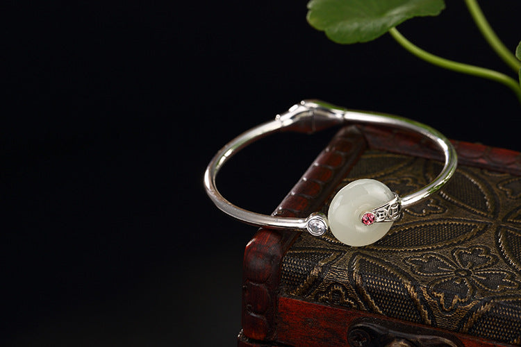 Real S 925 Sterling Silver Bangle Simple Elegant Women Jade Button Bangles Ethnic Handmade Fine Jewelry Opening Bijoux