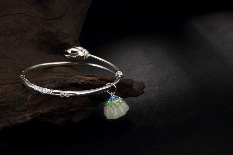 Real S 925 Sterling Silver Bangles Natural Hetian Jade Lotus Bangle Charms Fine Jewelry Adjustable Enamel Flower Bijoux