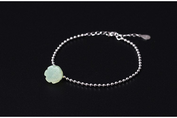 Real S 925 Sterling Silver Beading Bracelets Women Ethnic Lotus Charm Bracelet Natural Jade Fine Jewelry Flower Bijoux