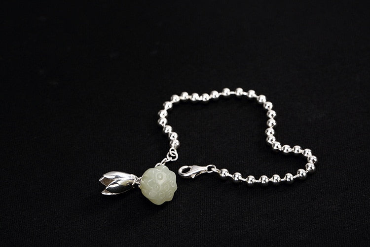 Real S 925 Sterling Silver Bracelets Women White Jade Lotus Fine Jewelry Handmade Beading Charms Bracelet Floral Bijoux