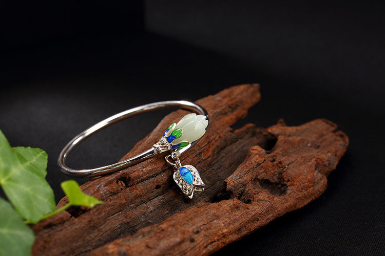 Real S 925 Sterling Silver Fine Jewelry Natural Jade Magnolia Bangles Women Handmade Flower Charms Bijoux Enamel Bangle