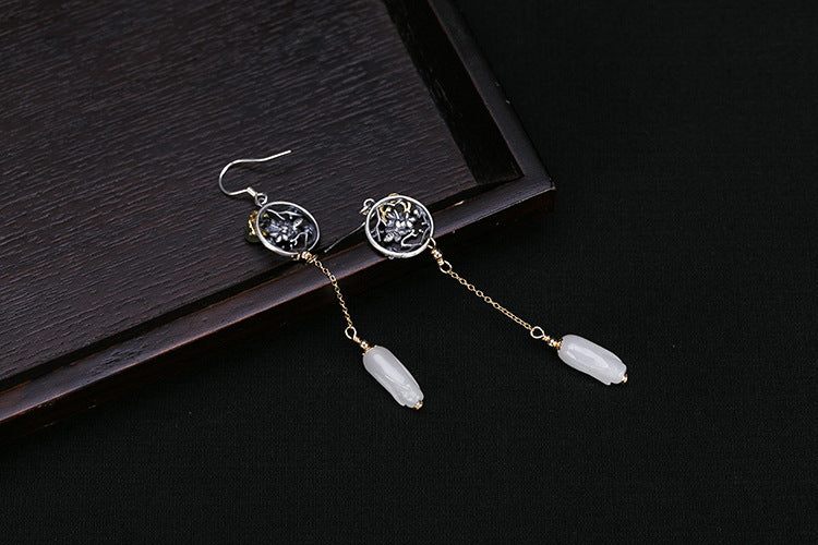Real S 925 Sterling Silver Flower Earrings for Women Ethnic Vintage Dangle Earrings Natural Jade Orchid Jewelry Brincos