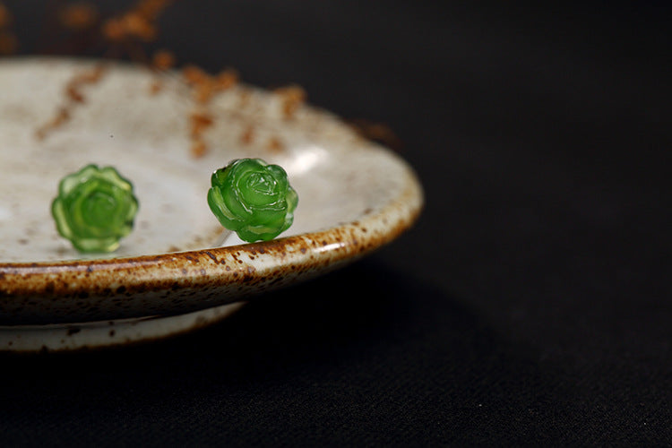 Real S 925 Sterling Silver Handmade Jasper Rose Floral Stud Earrings Women Statement Brincos Natural Green Jade Bijoux
