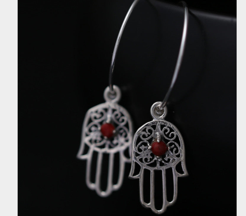 Real S 925 Sterling Silver Hands Earrings Hollow Vintage Hollow Brincos Natural Agate Balls Fine Jewelry Ethnic Bijoux
