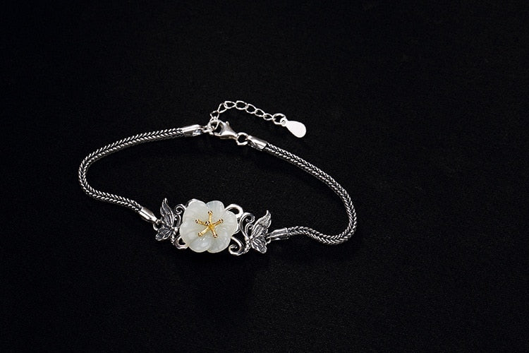 Real S 925 Sterling Silver Jewelry Romantic Plum Flower Bracelet Natural White Jade Women Bracelets Snake Chains Bijoux