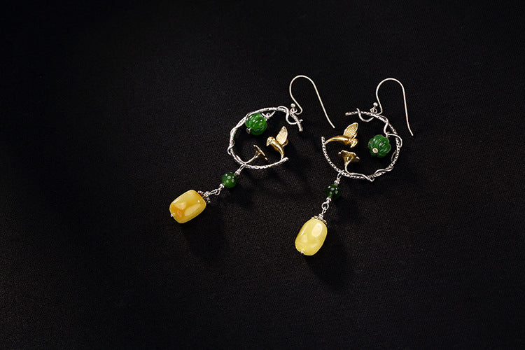 Real S 925 Sterling Silver Natural Amber Dangle Earrings Women Luxury Jasper Balls Lotus Brincos Handmade Birds Bijoux