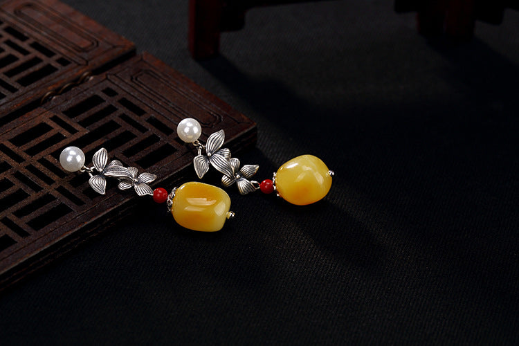 Real S 925 Sterling Silver Natural Amber Earrings for Women Beeswax Brincos Handmade Flowers Fine Jewelry Pearl Bijoux