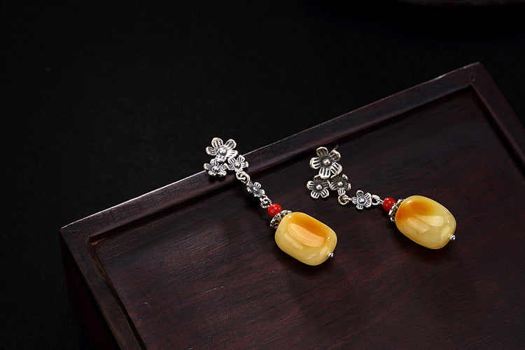 Real S 925 Sterling Silver Natural Beeswax Dangle Earrings for Women Amber Brincos Ethnic Flowers Jewelry Exotic Bijoux