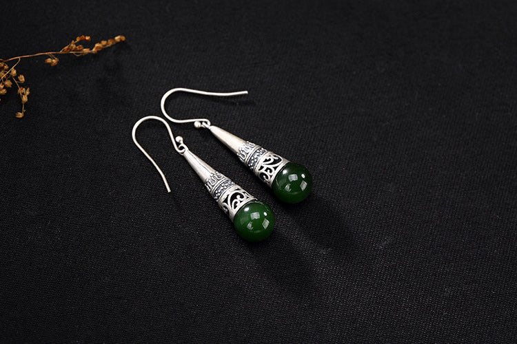 Real S 925 Sterling Silver Natural Green Jade Balls Earrings Women Vintage Ethnic Jasper Brincos Handmade Fine Jewelry