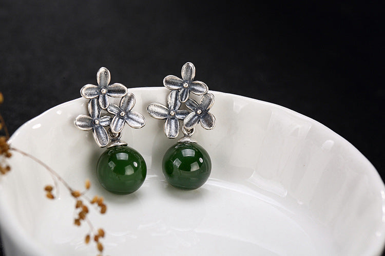 Real S 925 Sterling Silver Natural Green Jade Beads Earrings for Women Thai Silver Engrave Jasper Flower Brincos Retro