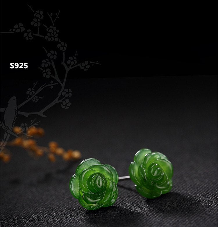 Real S 925 Sterling Silver Natural Green Jade Plum Flower Studs Earrings Women Luxury Jasper Floral Brincos Fine Bijoux