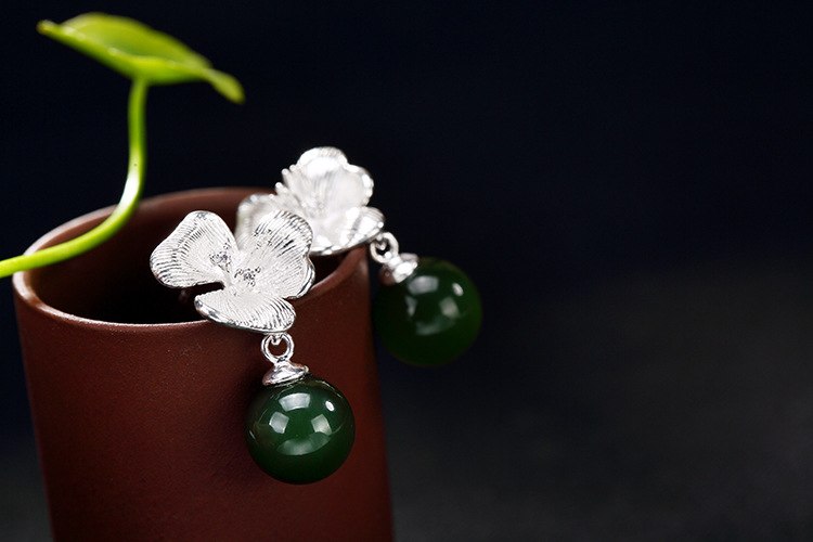 Real S 925 Sterling Silver Natural Jade Balls Dangle Earrings Women Romantic Floral Brincos Vintage Jasper Fine Jewelry