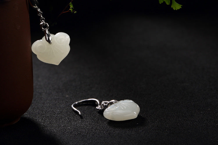 Real S 925 Sterling Silver Natural Jade Earrings Handmade Vintage Jewelry Heart-shape Brincos Women LOVE Dress Bijoux