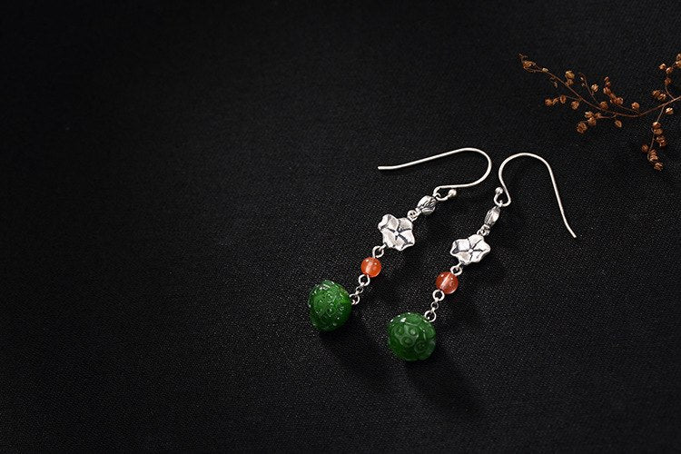 Real S 925 Sterling Silver Natural Jade Women Lotus Earrings Handmade Jasper Flower Brincos Vintage Ethnic Fine Bijoux
