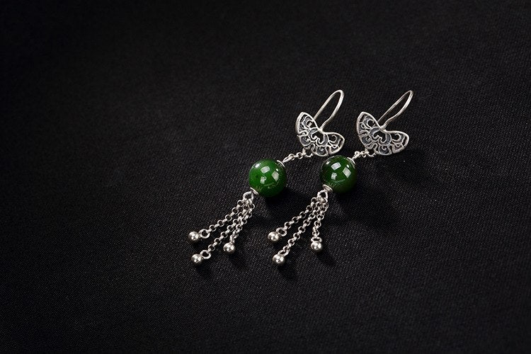 Real S 925 Sterling Silver Natural Jasper Beads Dangle Earrings Women Ethnic Tassels Brincos Handmade Butterfly Bijoux
