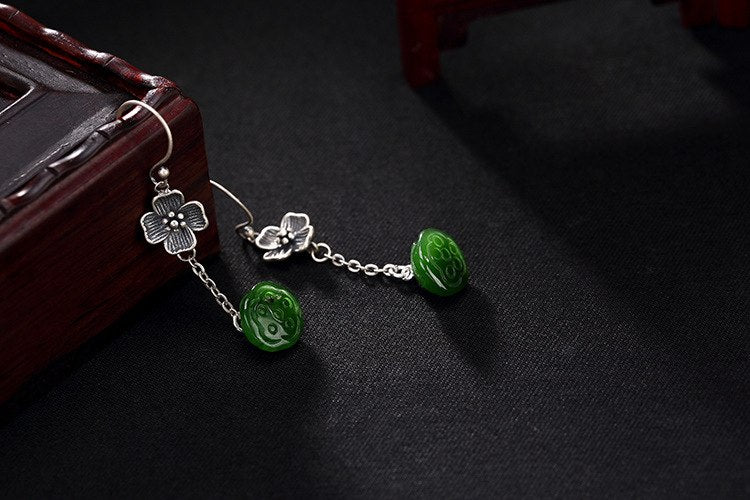 Real S 925 Sterling Silver Natural Jasper Lotus Women Earrings Handmade Flower Brincos Luxury Green Jade Vintage Bijoux