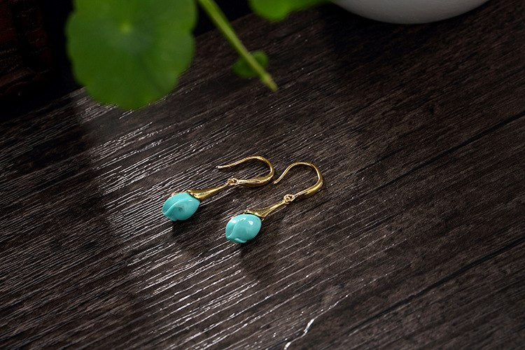 Real S 925 Sterling Silver Natural Turquoise Orchid Flower Earrings Handmade Women Fine Jewelry Ethnic Brincos Bijoux