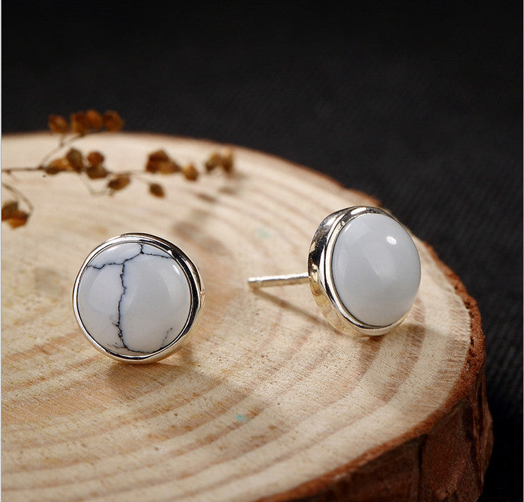 Real S 925 Sterling Silver Natural Turquoise Studs Earrings for Women Vintage Ethnic Round Brincos Handmade Fine Bijoux