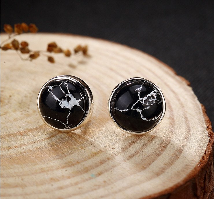 Real S 925 Sterling Silver Natural Turquoise Studs Earrings for Women Vintage Ethnic Round Brincos Handmade Fine Bijoux