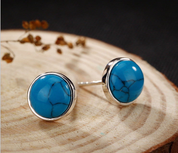 Real S 925 Sterling Silver Natural Turquoise Studs Earrings for Women Vintage Ethnic Round Brincos Handmade Fine Bijoux