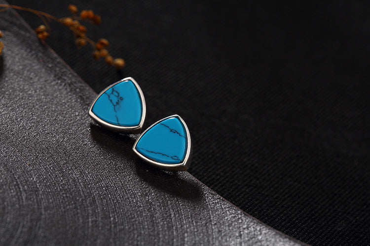 Real S 925 Sterling Silver Natural Turquoise Triangle Studs Earrings for Women Ethnic Vintage Brincos Geometric Bijoux
