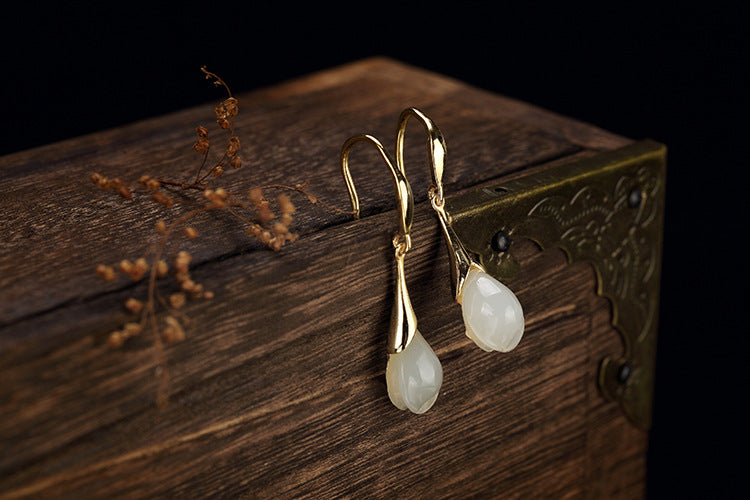 Real S 925 Sterling Silver Natural White Jade Flower Dangle Earrings for Women Magnolia Handmade Brincos Fine Jewelry