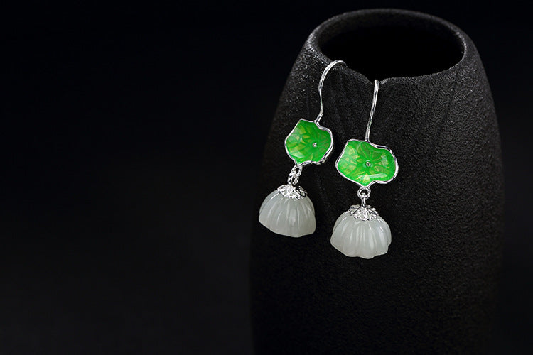 Real S 925 Sterling Silver Natural White Jade Lotus Dangle Earrings Retro Enamel Lotus Leaf Brincos Women Ethnic Bijoux