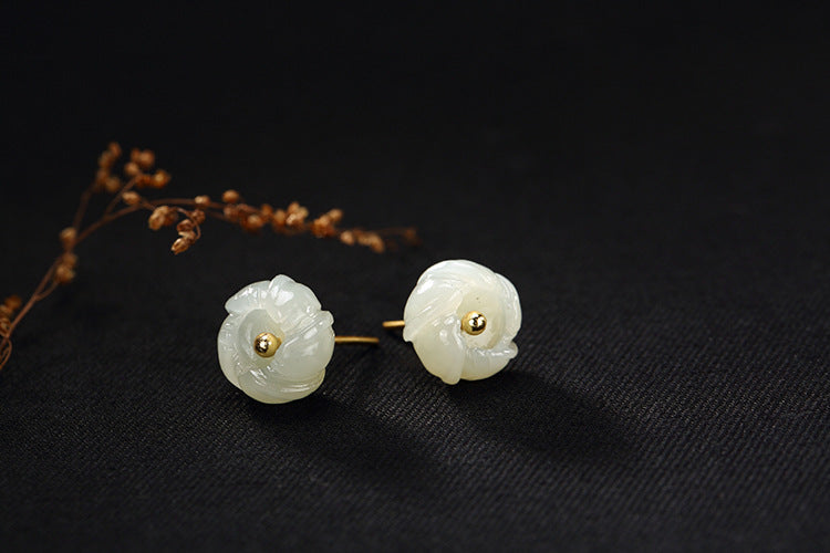Real S 925 Sterling Silver Natural White Jade Plum Blossom Stud Earrings for Women Fine Jewelry Handmade Flower Brincos