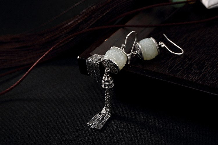 Real S 925 Sterling Silver Natural White Jade Women Fine Earrings Exotic Tassels Brincos Jewelry Buddhism Mantra Bijoux