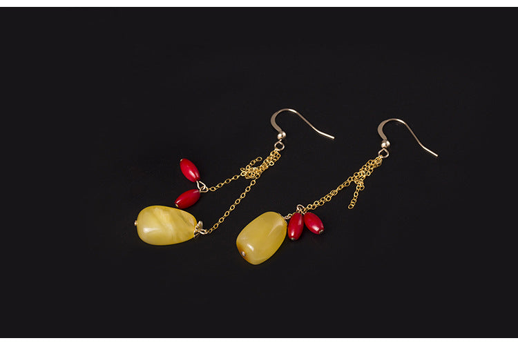 Real S 925 Sterling Silver Women Coral Beads Dangle Earrings Natural Beeswax Fine Jewelry Amber Brincos Bijoux Handmade