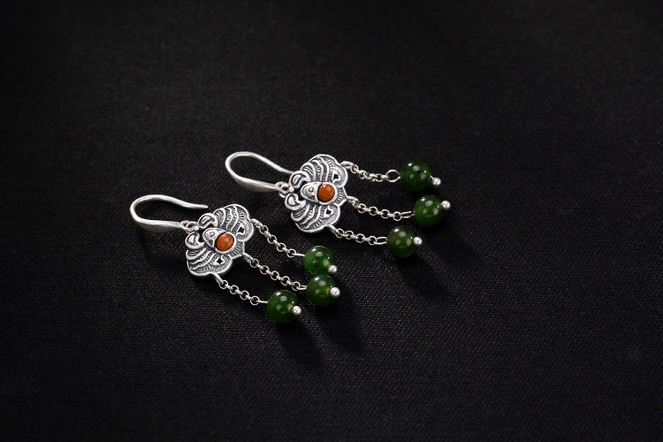 Real S 925 Sterling Silver Women Fine Jewelry Natural Jasper Balls Tassel Earrings Handmade Bats Brincos Ethnic Bijoux