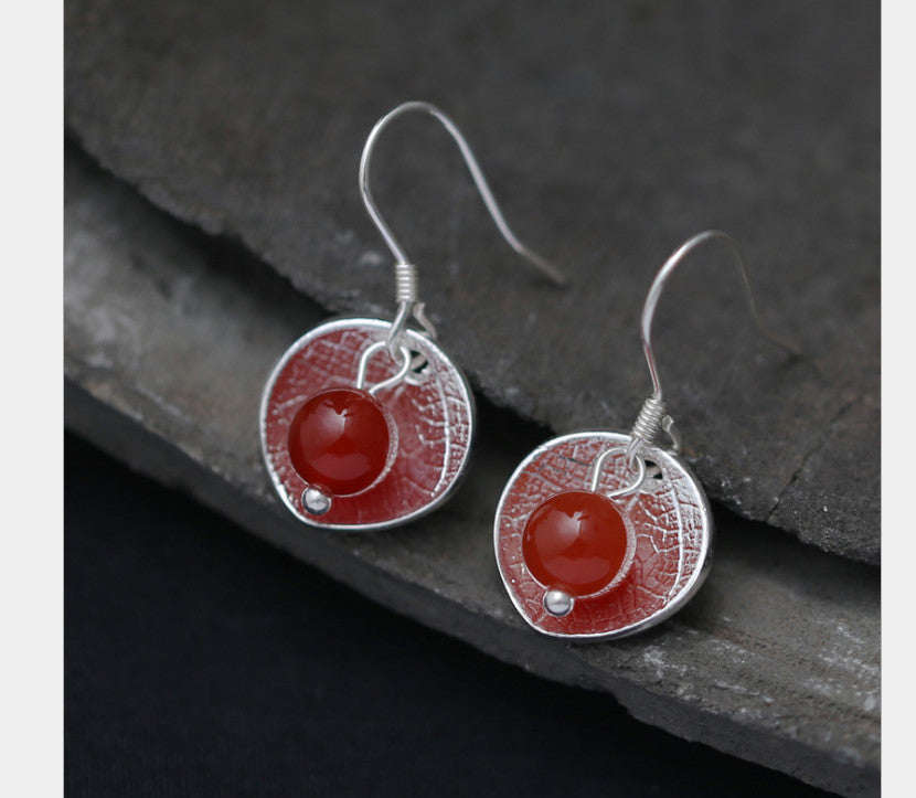 Real S 990 Fine Silver Handmade Leaves Dangle Earrings Natural Agate Balls Brincos Jewelry Handmade Ethnic Bijoux Retro