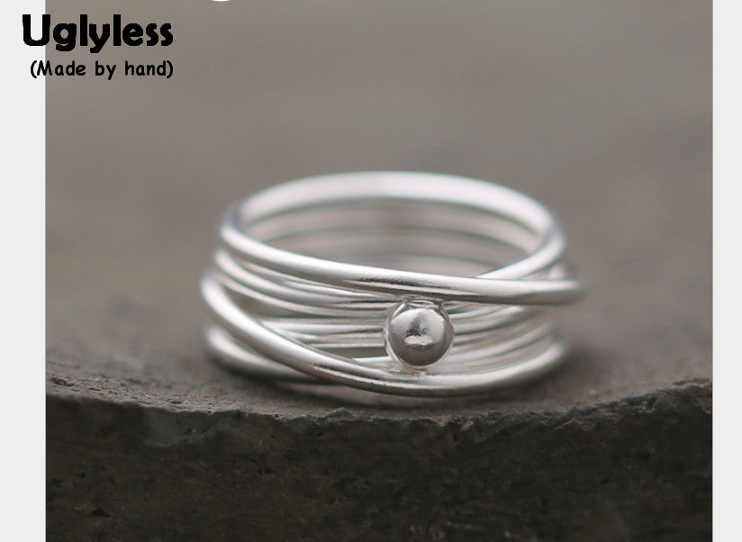 Real S 990 Fine Silver Multi-layer Circles Rings Women Simple Fashion Wide Finger Ring Ball Charms Jewelry Twist Bijoux