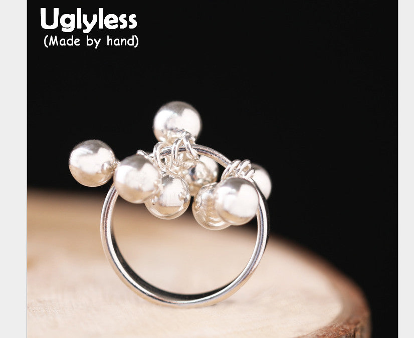 Real S 990 Silver Balls Charm Rings for Women Exaggerated Beading Finger Ring Fashion Exotic Tassel Fine Jewelry Bijoux