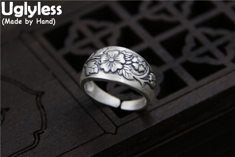 Real S 999 Fine Silver Jewelry Women Ethnic Finger Rings Embossed Flower Handmade Open Ring Vintage Floral Wide Bijoux