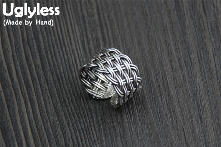 Real S 999 Silver Fine Jewelry for Women Vintage Ethnic Weave Texture Handmade Twisted Rings Exaggerated Wide Open Ring