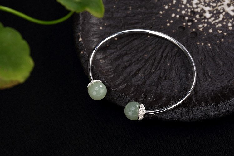 Real S925 Sterling Silver Bangle Simple Fashion Women Thin Bangles High Quality Hetian Jade Balls Jewelry Fine Bijoux