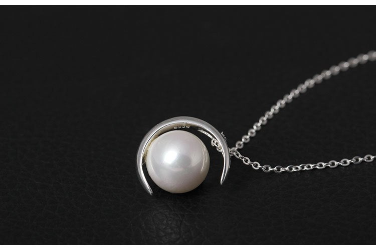 Real S925 Sterling Silver Design Moon Necklace with Cross Chains Nature Pearl Chokers Women Elegant Fine Jewelry Bijoux