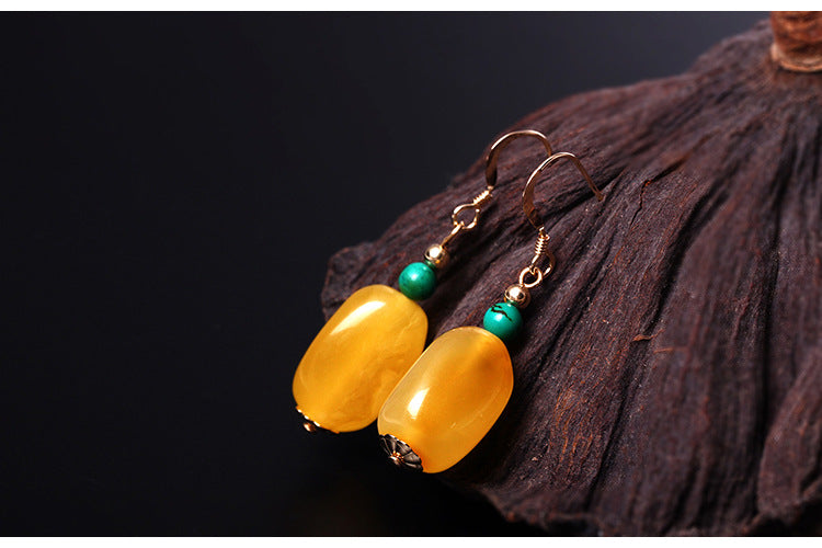 Real S925 Sterling Silver Earrings Nature Amber Brincos Pretty Yellow Beeswax Women Fine Jewelry Turquoise Beads Bijoux