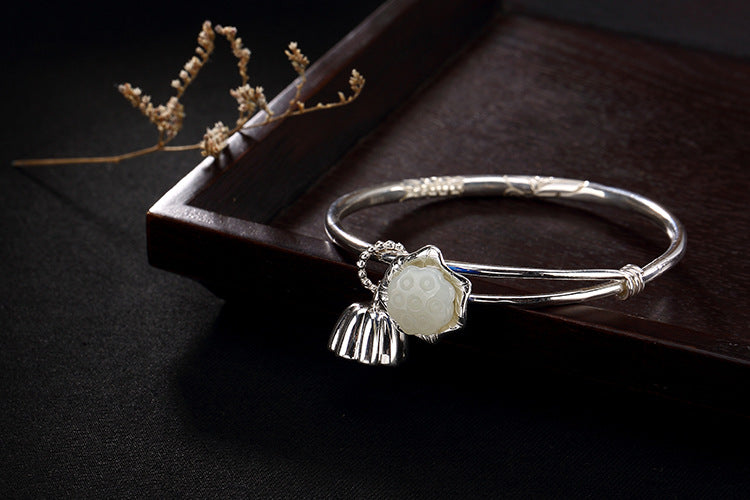 Real S925 Sterling Silver Fine Jewelry Natural Hetian White Jade Lotus Bangles Women Flower Charms Bangle Enamel Bijoux
