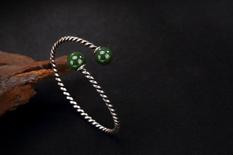 Real S925 Sterling Silver Fine Jewelry Twisted Weave Bangles Women Natural Jasper Balls Bangle Luxury Green Jade Bijoux